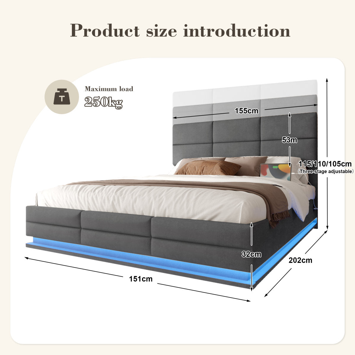 150x200 Cm Modern Velvet Upholstered Bed With Adjustable Headboard - Includes USB Type-C Ports, LED Ambient Lighting, Hydraulic Lift System & Extra Large Storage Space  Mattress Not Included  - Gray