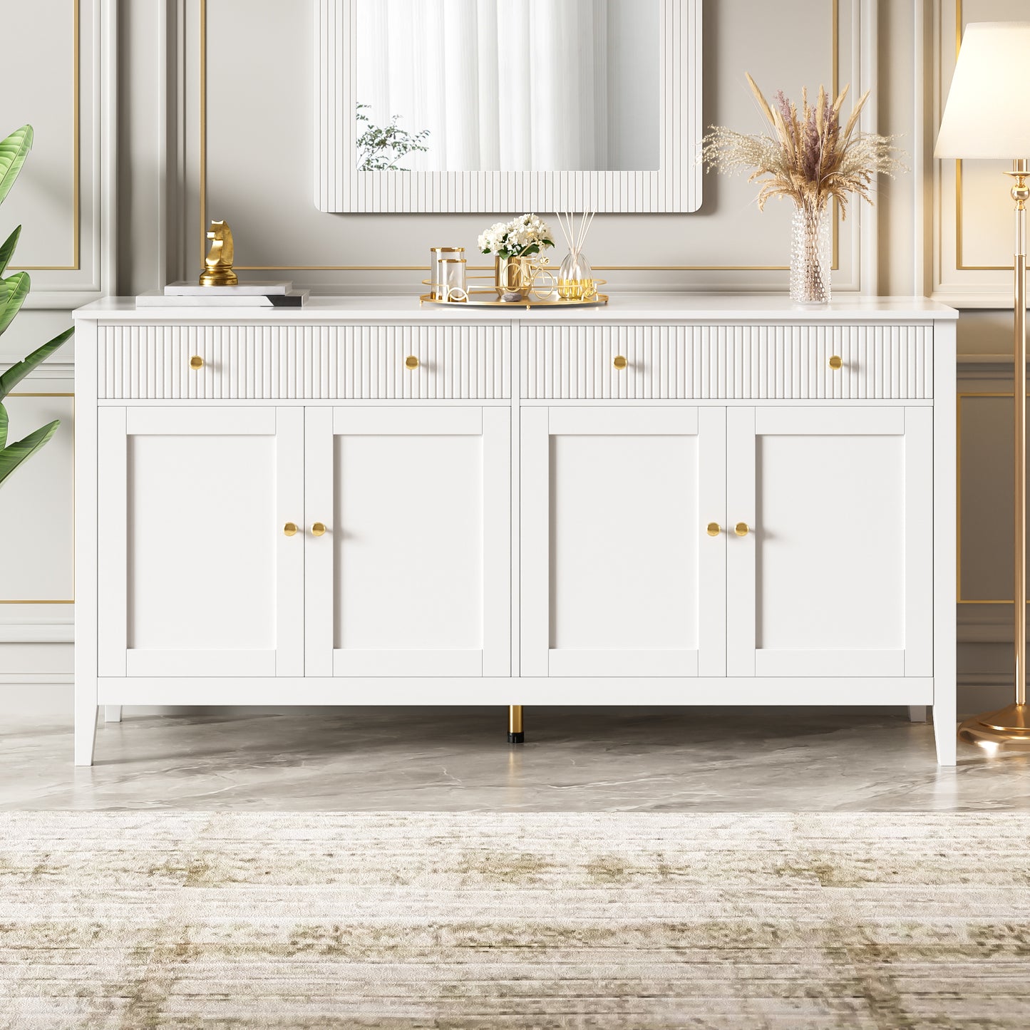 Stylish White Dining Room Sideboard With 2 Drawers And 4 Doors  Elegant Buffet For Kitchen, Dining Room & Living Room With Golden Handles And Generous Storage Space.  OLD SKU GL3234W