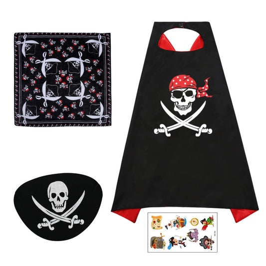 Pirate Costume Set With Eye Patch, Head Scarf, Cape & Tattoo – Carnival & Halloween Costume – Full-Evening Party Outfit & Party Accessories Set