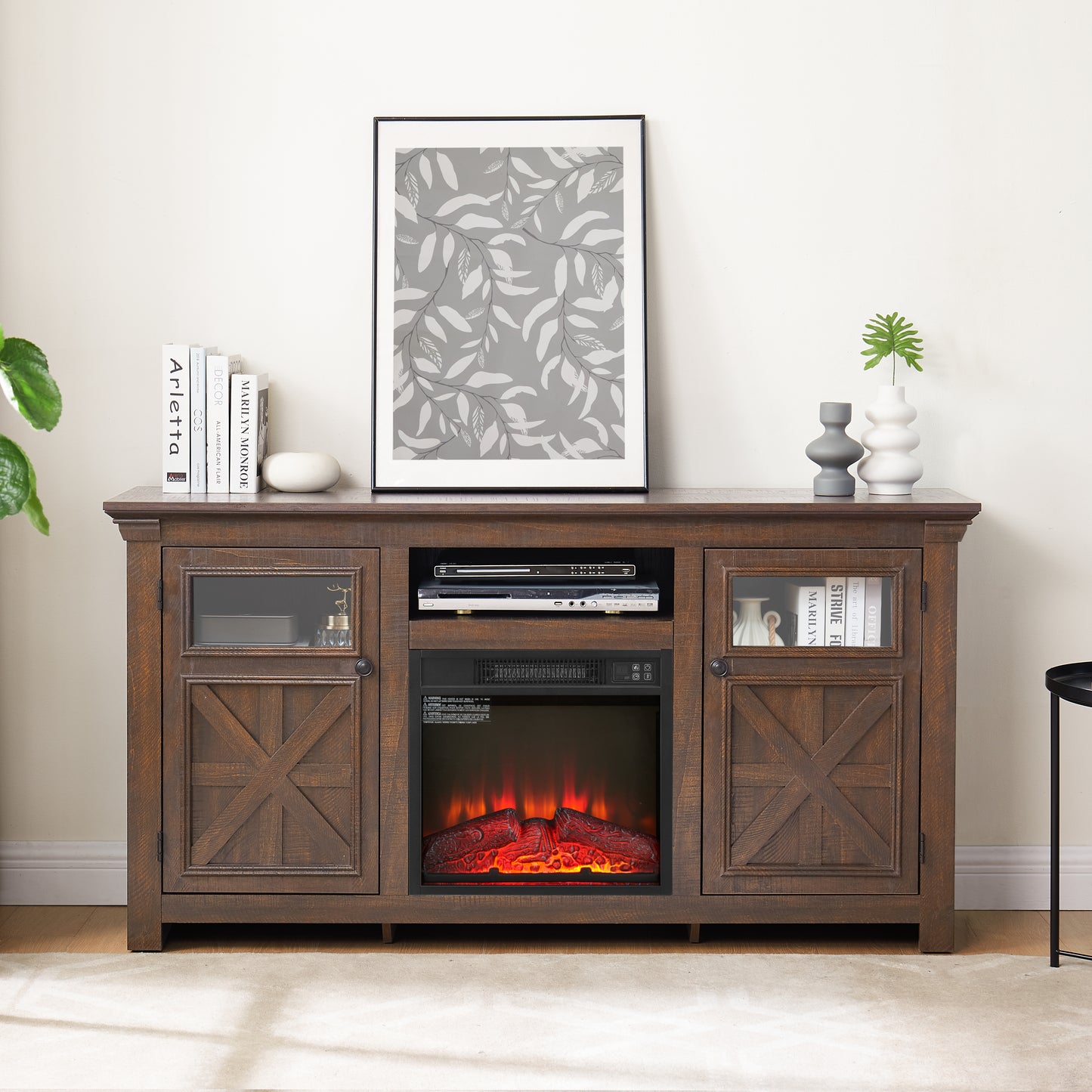 2 Doors Cabinet Farmhouse  Cabinet, Farmhouse TV Stand Barn Design,Farmhouse TV Media Stand, Large Barn Inspired Home Entertainment Console With 18  Fireplace Insert,Espresso,60.23 Wx15.35 Dx31.7 H