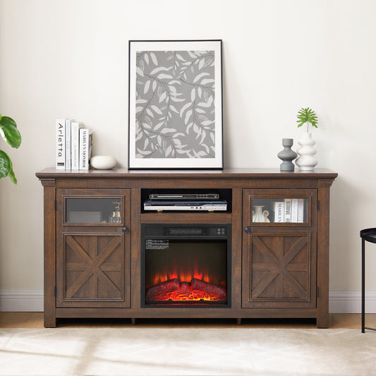 2 Doors Cabinet Farmhouse  Cabinet, Farmhouse TV Stand Barn Design,Farmhouse TV Media Stand, Large Barn Inspired Home Entertainment Console With 18  Fireplace Insert,Espresso,60.23 Wx15.35 Dx31.7 H