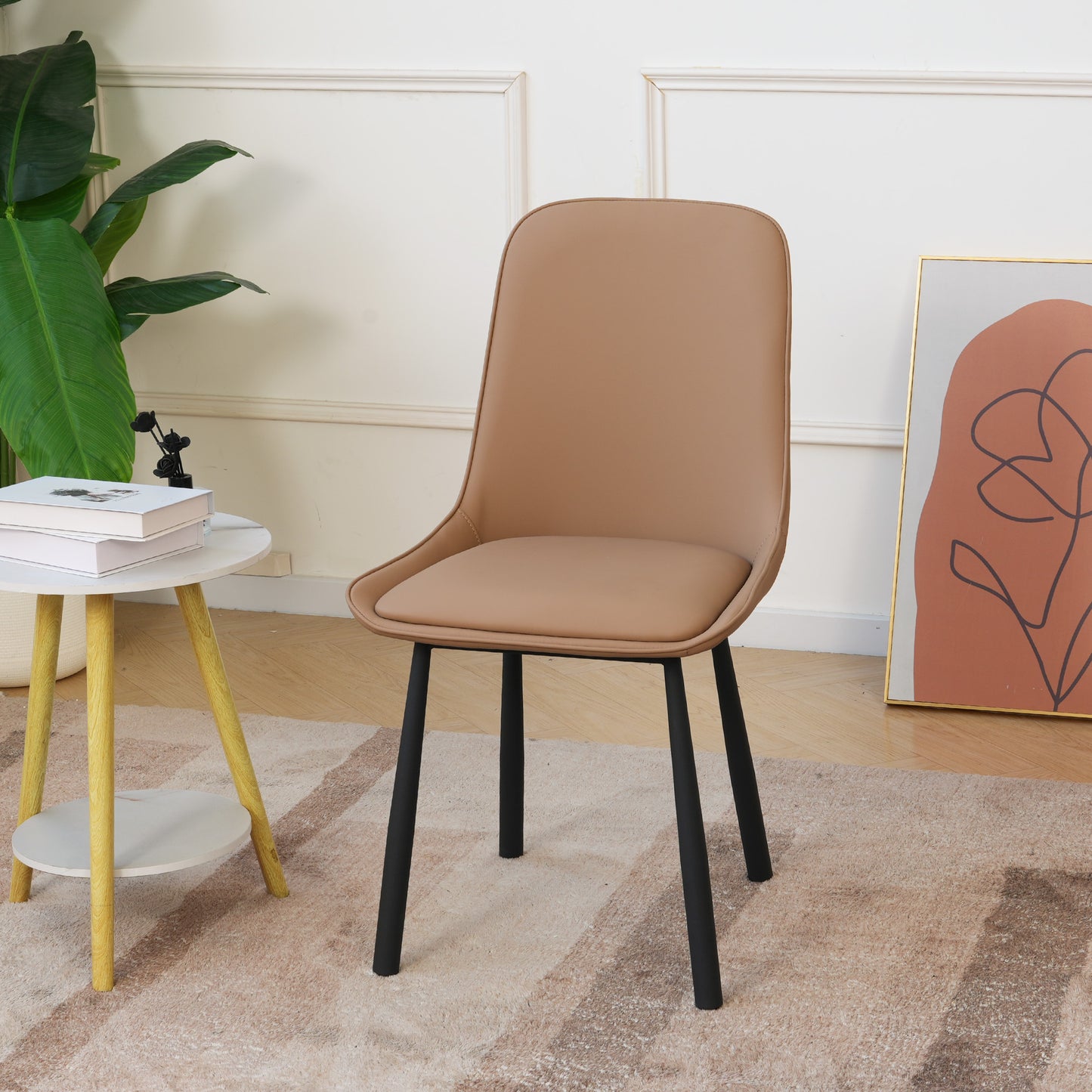 Modern Minimalist Khaki Faux Leather Dining Chairs Set Of 2, Iron Legs, Nordic Style Upholstered Backrest Chairs For Kitchen & Living Room
