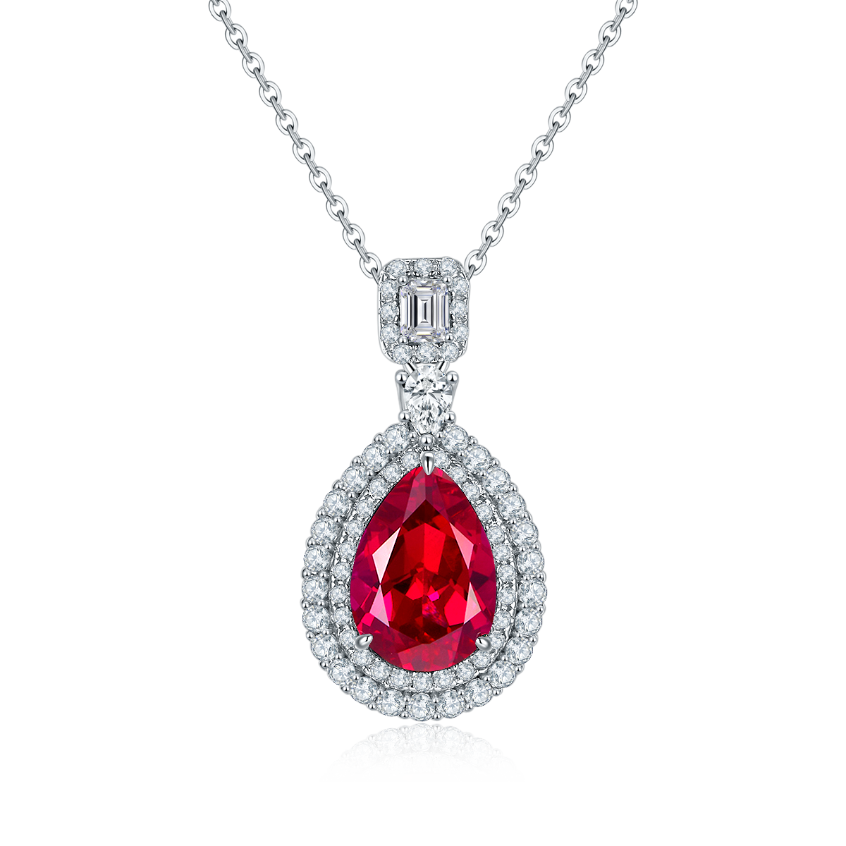 S925 Sterling Silver Lab-Grown Ruby Emerald Necklace, 13x9mm Pear Double Halo Pendant, Platinum Plated 40&45cm Chain, 5.8g Women's Gift Box