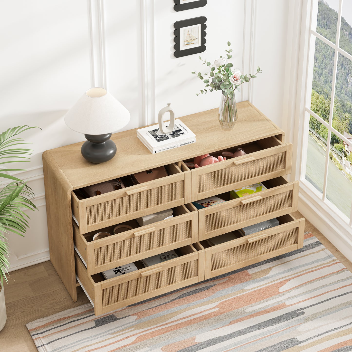 130CM  Shaped Corner Rattan Cabinet, 6-Drawers Rattan Storage Cabinet Rattan Drawer, For Living Room Bedroom,and Kitchen, Natural