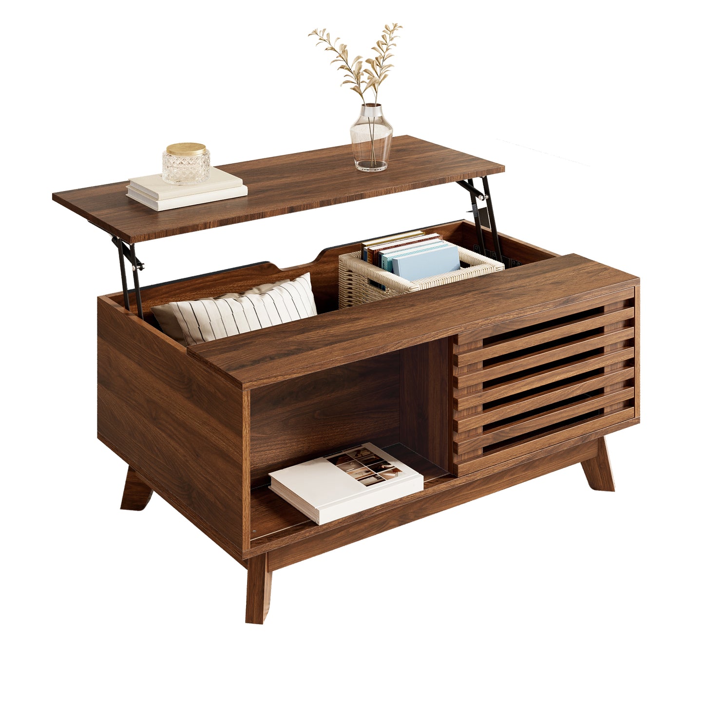 Modern Retro Coffee Table, Height-adjustable Table Top, Sliding Blind Door, Walnut Look, MDF Body, Multifunctional Living Room Table