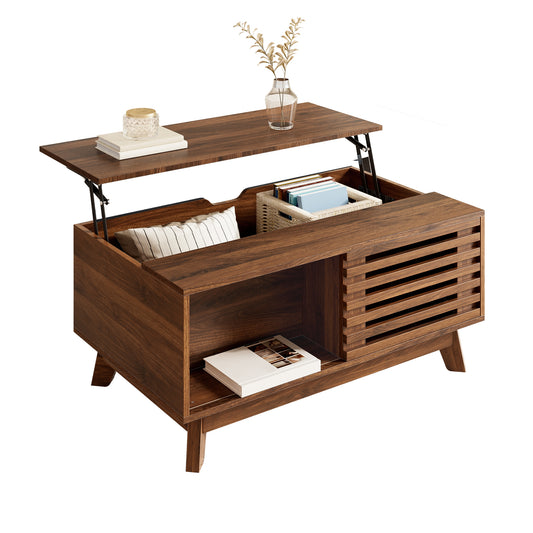 Modern Retro Coffee Table, Height-adjustable Table Top, Sliding Blind Door, Walnut Look, MDF Body, Multifunctional Living Room Table