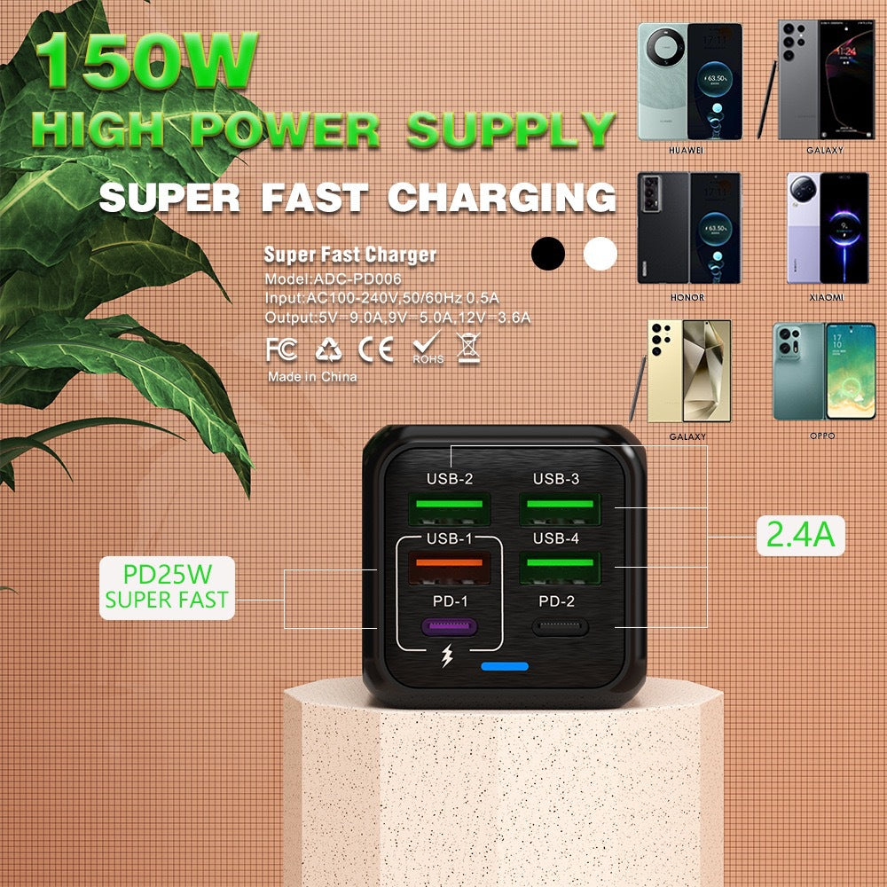 New 150W 4-USB 2-PD Multi-Port Fast-Charging Phone Charger