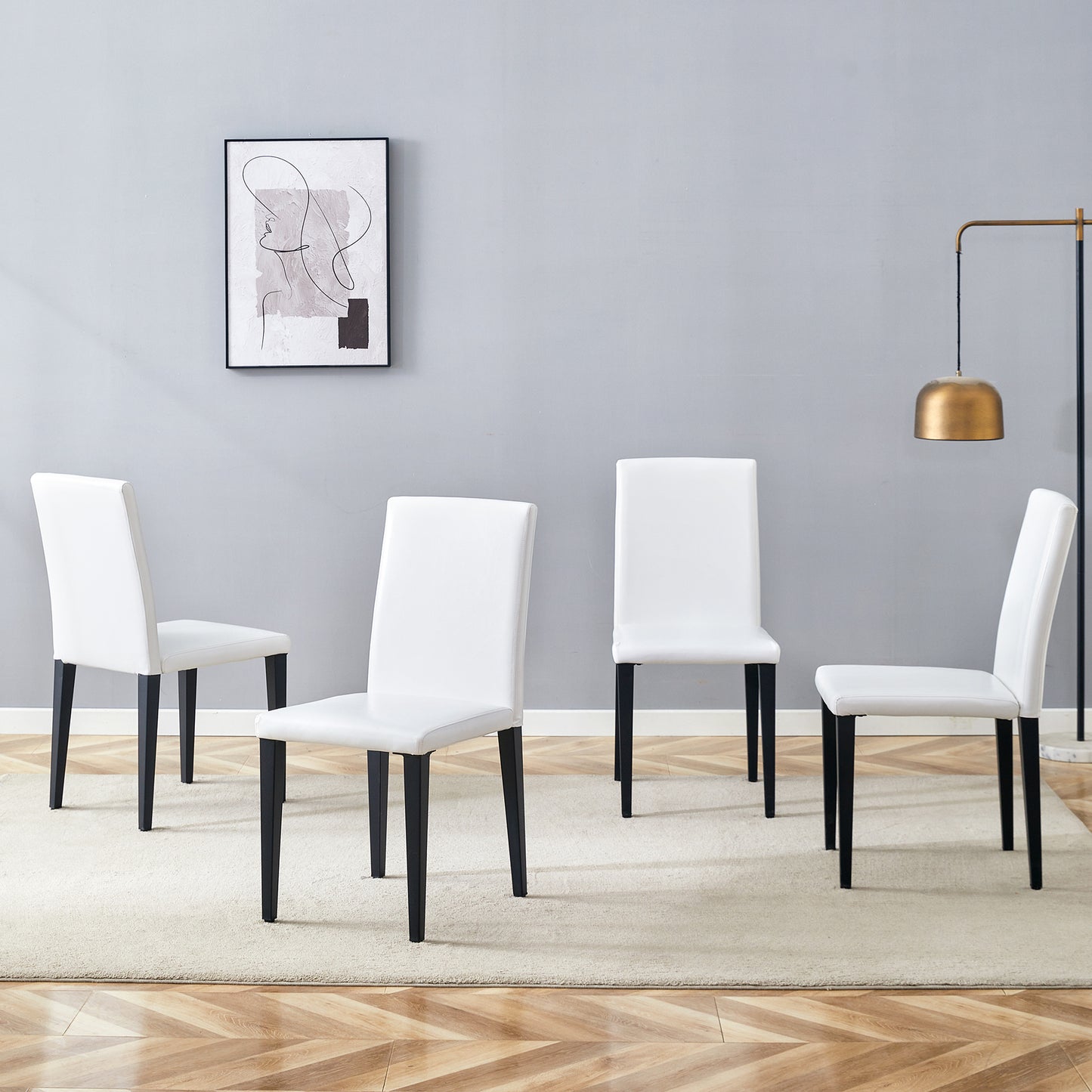 Set Of 4 White PU Dining Chairs 35.4  High, 18.5  Ergonomic Backrest, 17 X16  Sponge Seat, Perfect For Dining Room, Home Office & Living Space, Stylish & Comfortable.Black Metal Leg.