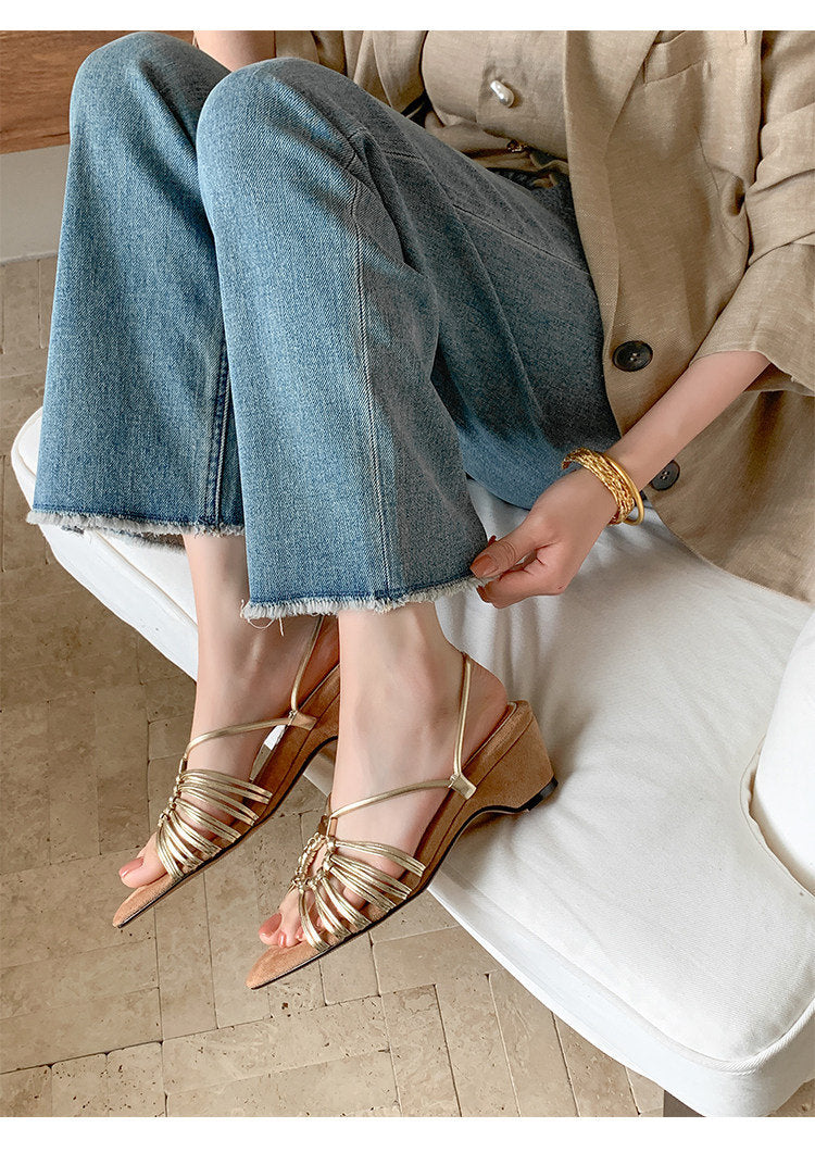Women Vintage French Pointed Toe Wedge Slide Sandals, Gold Woven Thin Strap One Band Slides, Elegant Versatile Outdoor Roman Sandals