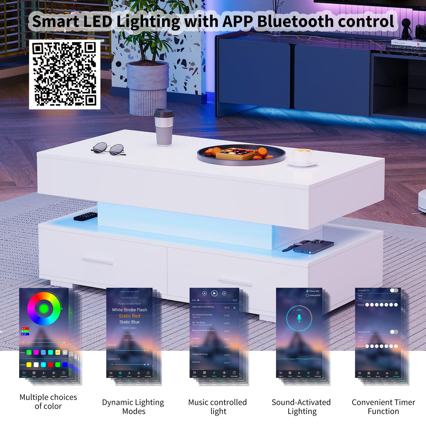 100x50x44cm Hydraulic Height Adjustable Coffee Table, With LED Lighting, Bluetooth APP Control, 2 Drawers And Open Storage,White Liftable Coffee Table