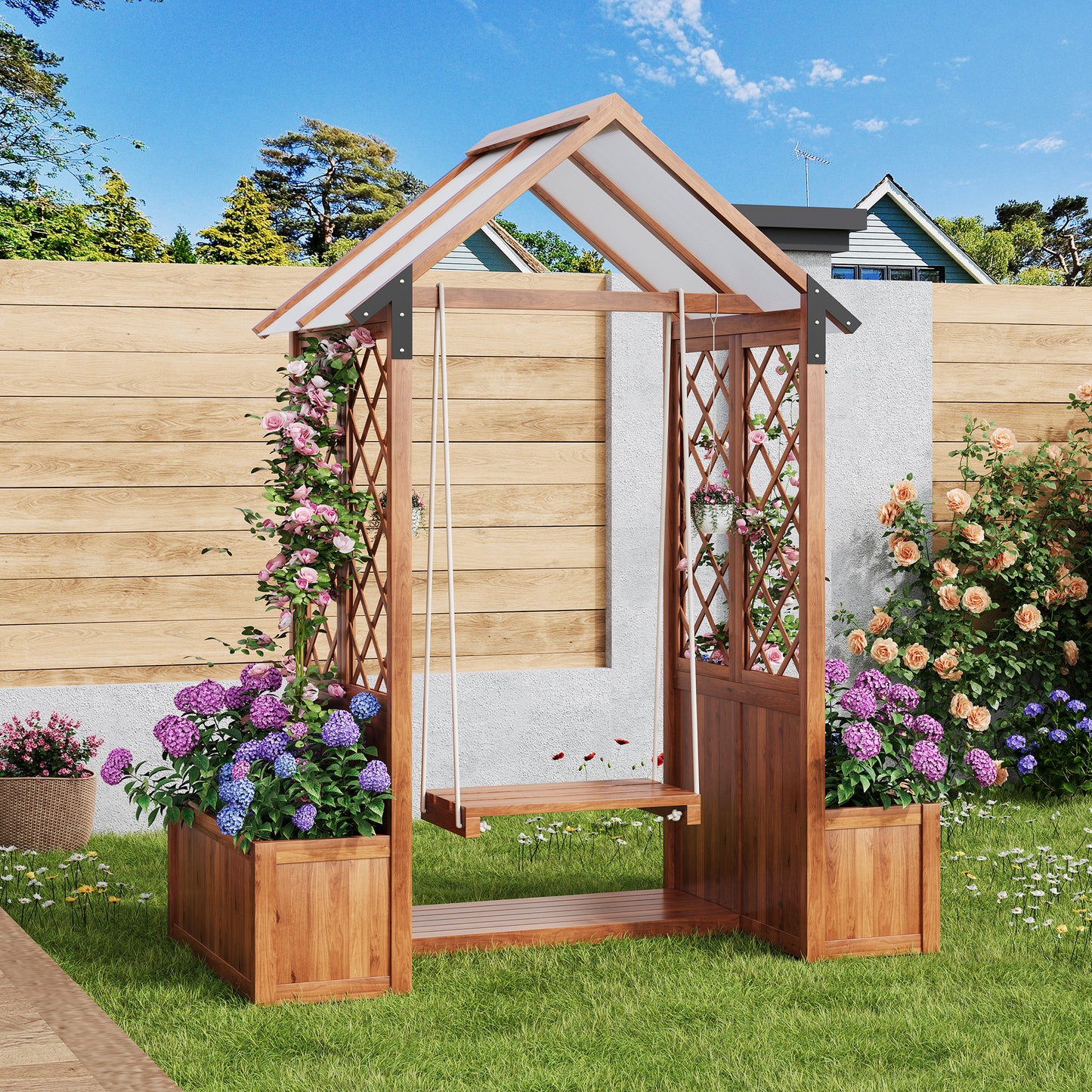 Planter, Outdoor Swing, Planter With Trellis As A Climbing Aid, With Polycarbonate Sun Canopy. Planter Planter, Brown Solid Wood, Suitable For Garden, Yard And Patio