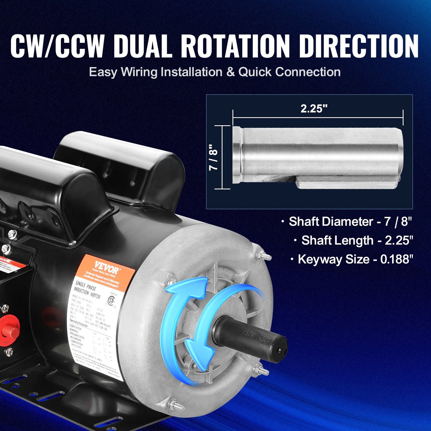 2HP Electric Motor 1725 Rpm, AC 115V/230V, 143/5T Frame, Air Compressor Motor Single Phase, 7/8" Keyed Shaft, CW/CCW Rotation For Agricultural Machinery And General Equipment