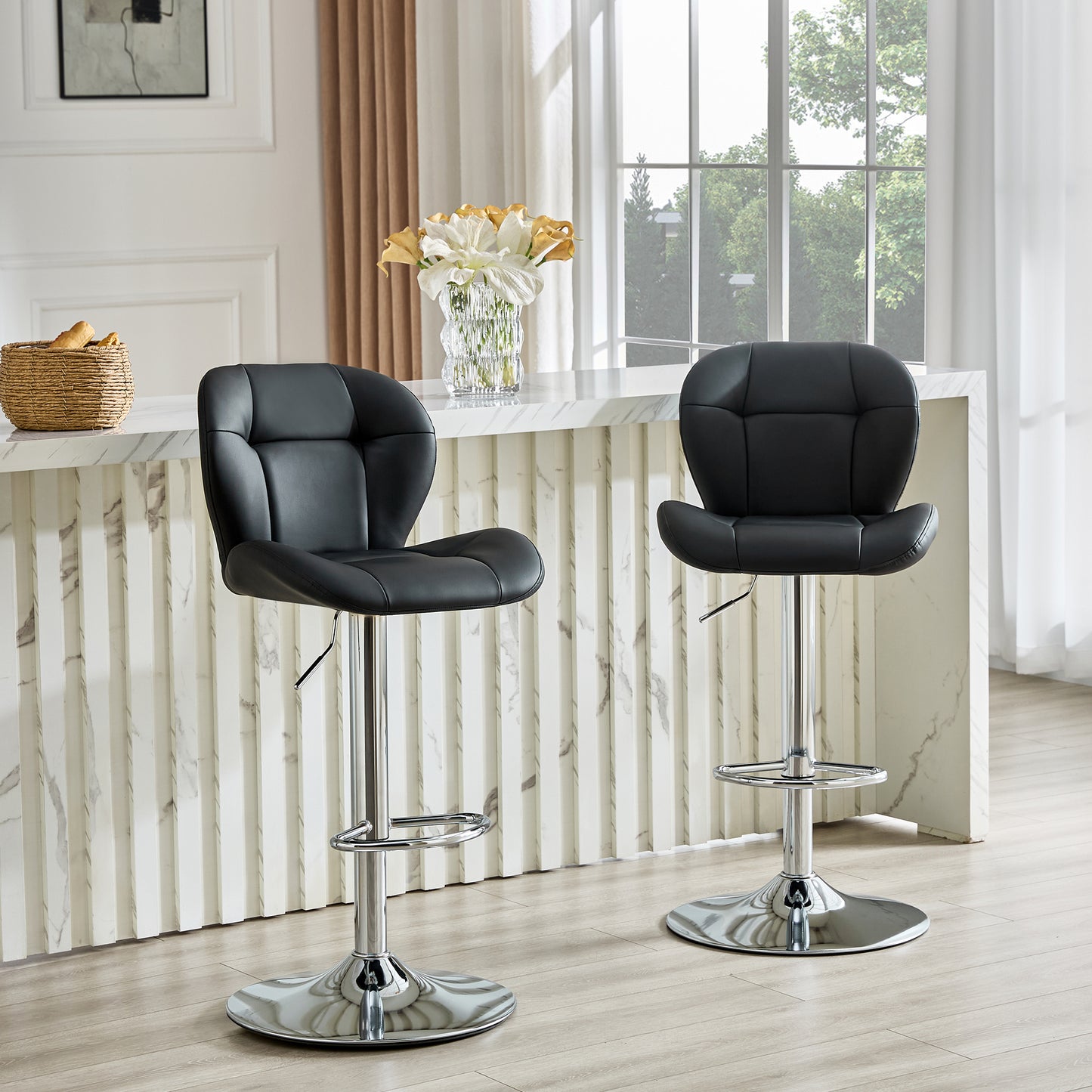 Set Of 2 Height Adjustable Bar Stools, Black PU Upholstered Tufted Back Chairs With Chrome-Plated Metal Base & Footrest For Kitchen Island, Bar, Pub