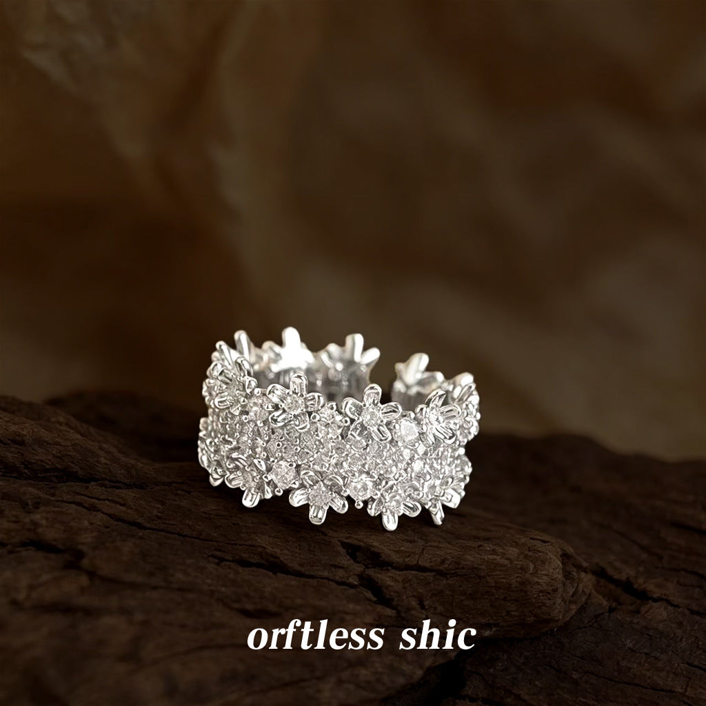 Flower Ring, Inlaid Zircon, Real White Gold Plated, Color Retention, Adjustable Open Band, Fashion Premium Finger Ring For Index Finger