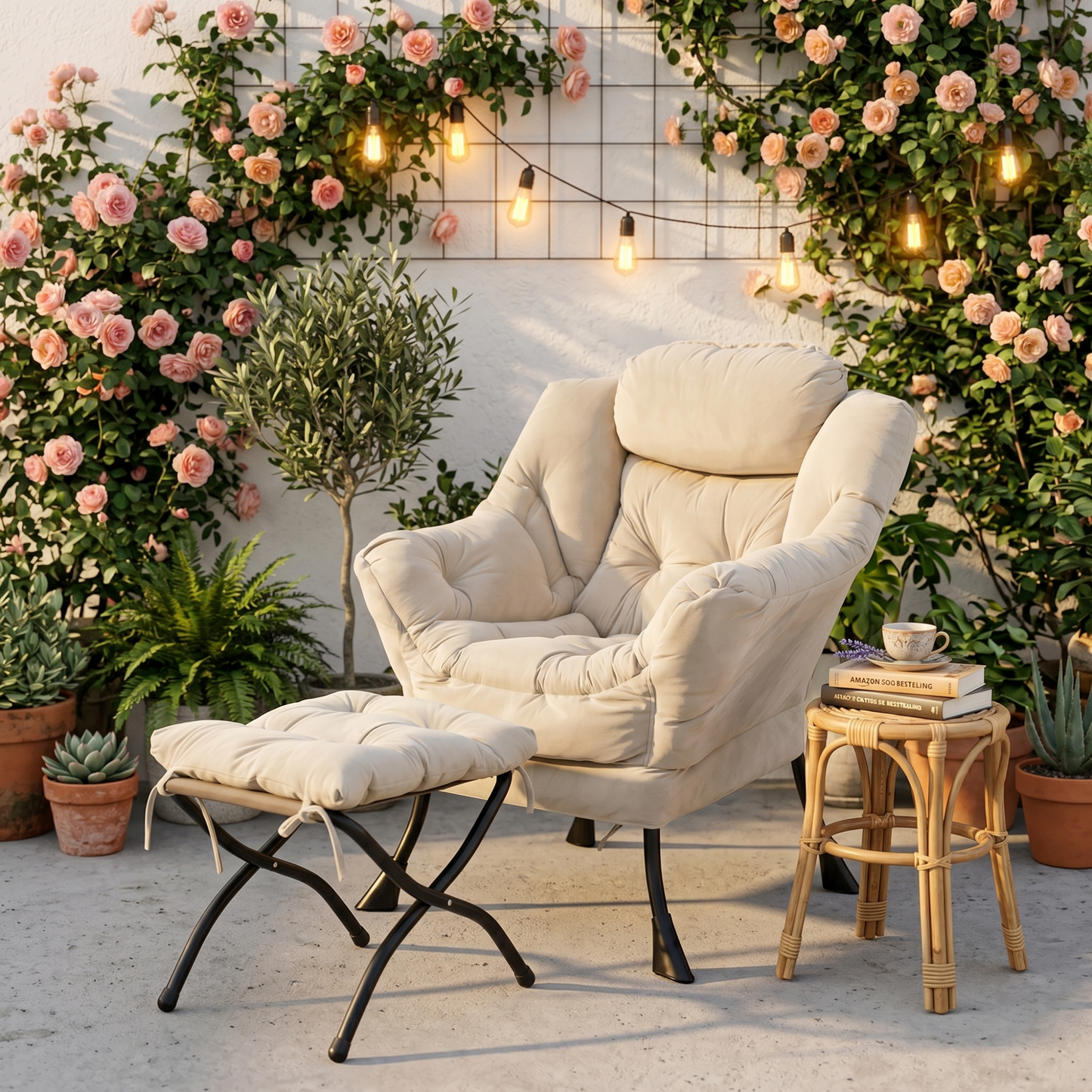 Armchair With Stool, Recliner With Armrests, Side Bag & Footrest, Lounge Chair, TV Armchair, Wing Chair For Living Room, Bedroom, Office  Beige