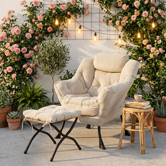 Armchair With Stool, Recliner With Armrests, Side Bag & Footrest, Lounge Chair, TV Armchair, Wing Chair For Living Room, Bedroom, Office  Beige