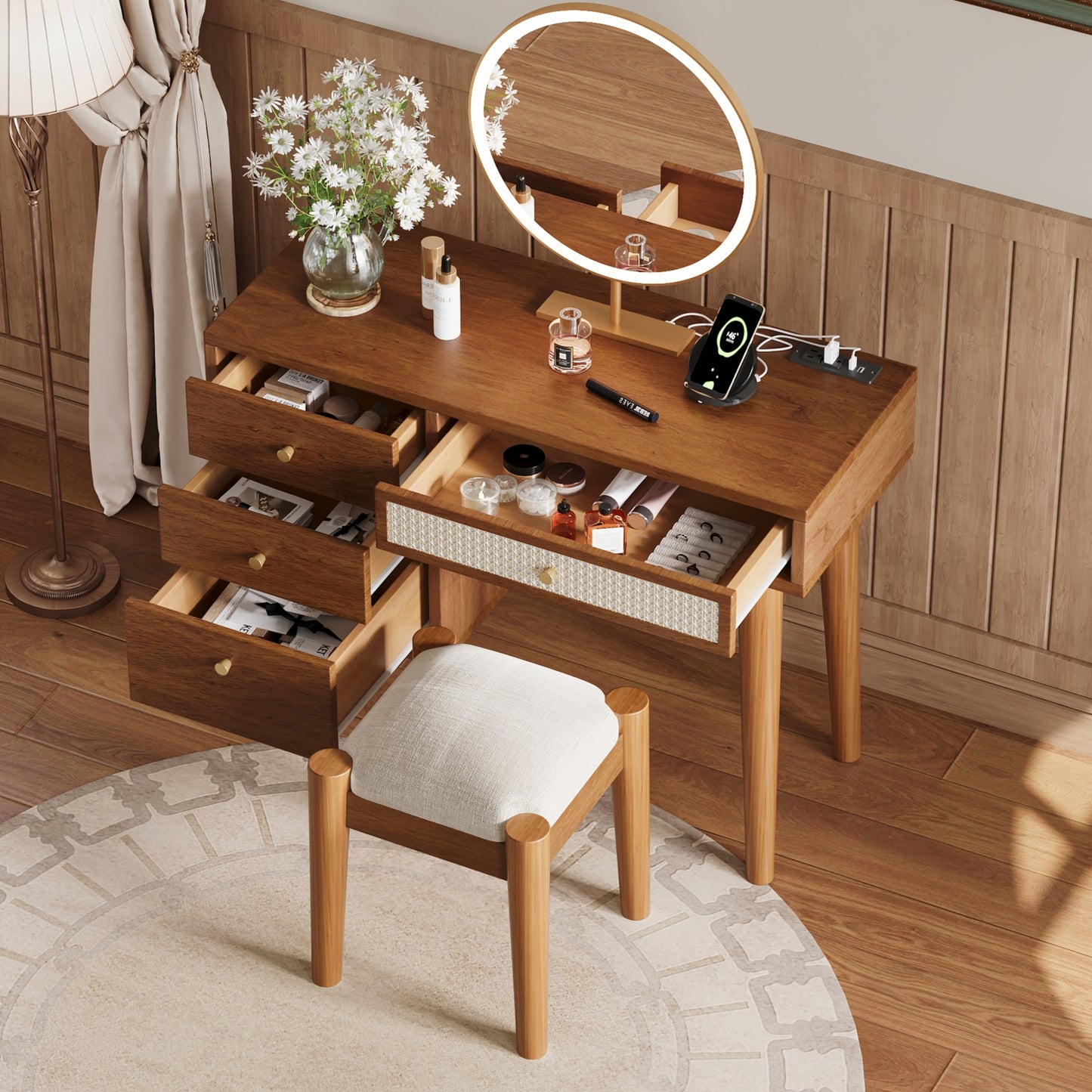 39  Retro Bohemian Style Wooden Makeup Vanity Set With Charging Plug&USB Port And Stool, Dressing Table With 3 Storage Drawers And 1 Rectangular Rattan Drawer, Walnut