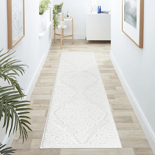 Step Collection High-Low Medallion Cream Cream Indoor Runner Rug, 2'2''x8', Modern, Contemporary, Geometric, Bohemian, Bedroom, Kitchen, Living Room, Hallway, Non Shedding Carpet