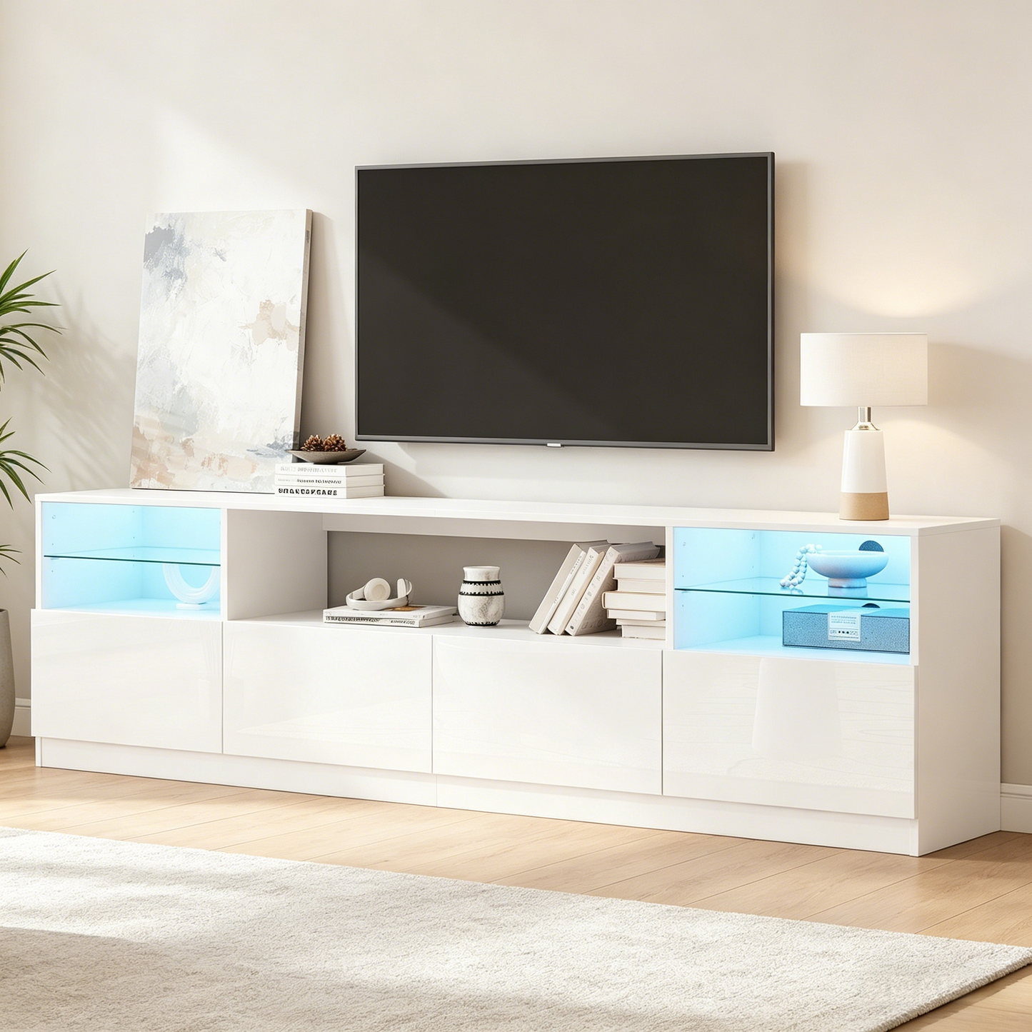 TV Cabinet With LED Lighting, Open Cabinet, 4 Hinged Doors, 8 Storage Spaces, White High-gloss Cabinet, TV Stand For TVs Up To 75 Inches, TV Lowboard For Living Room, Dining Room, 180 X 35 X 60 Cm