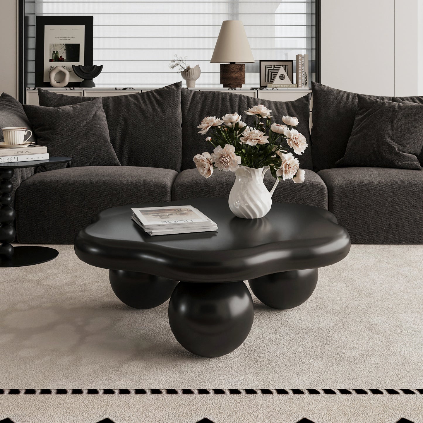 80cm Black Cloud Shaped Coffee Table, Petal-Shaped Modern Minimalist Coffee Table With Spherical Legs, Matte Black Kid & Pet Friendly Space Saving Living Room Table For Small Apartment, Matte Blac