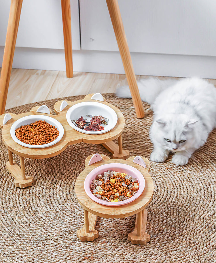 Ceramics Puppy Cat Dog Pet Single And Double Food Bowl For Eating And Drinking With Wooden Frame Pets Supplies Feeding Dish