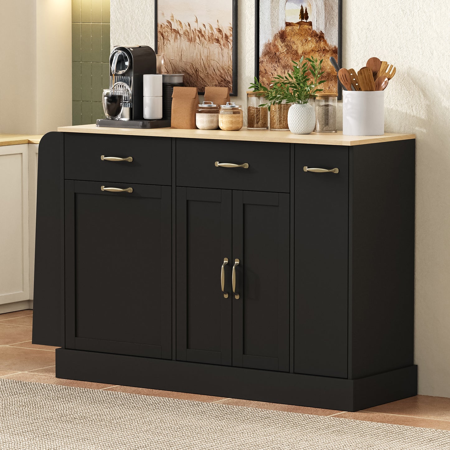 Modern Sideboard With Different Drawers, Buffet Cabinet With Waste Bin Compartment And External Spice Rack For Dining Room, Living Room And Kitchen  Black