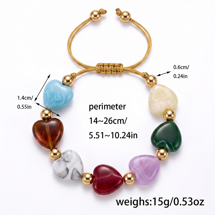 Multicolor Marbled Heart Glass Bead Braided Adjustable Bracelet, Gold Spacer Bead Drawstring Wrist Band, Women Sweet Colorful Daily Fashion Matching Accessory Gift
