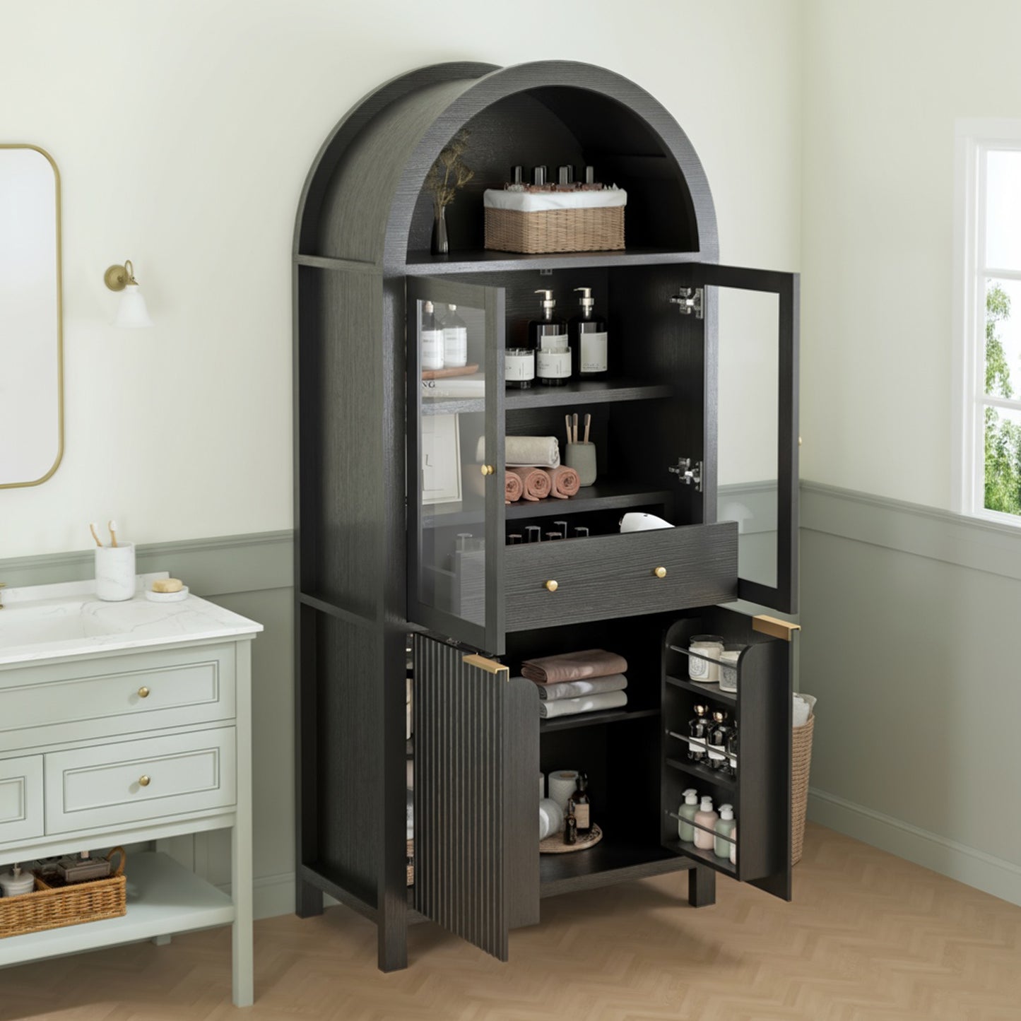 71  Fluted Tall Arched Pantry Cabinet With Adjustable Shelves, Elegant Display Storage With Hidden Drawer & Glass Door For Kitchen, Living Room, Dining Room, Black