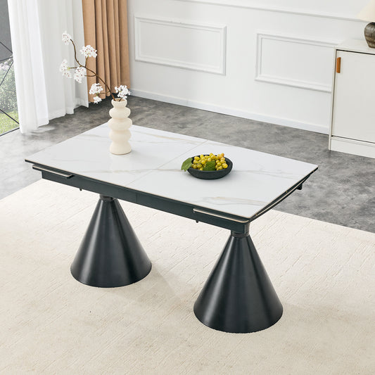 Extendable Stone-Top Dining Table White Marble-patterned Tabletop With Black Tapered Metal Legs. A Modern, Luxury-inspired Rectangular Dining Table For Home Use, Suitable For 4-8 People.