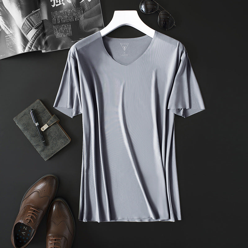 Seamless Cooling Japanese Goat Milk Men's Technology Lightweight Ice Silk V-Neck Short-Sleeved T-Shirt European And American Simple Slim Shirt