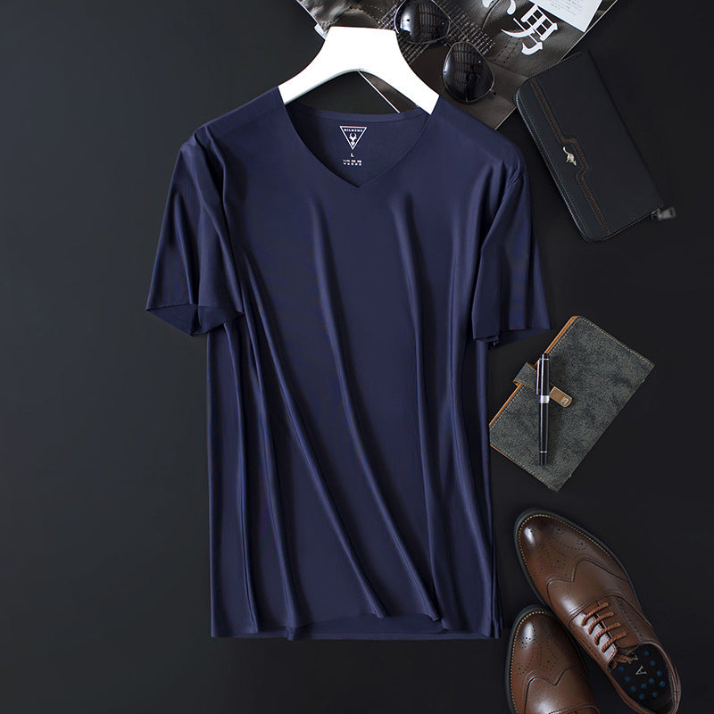 Seamless Cooling Japanese Goat Milk Men's Technology Lightweight Ice Silk V-Neck Short-Sleeved T-Shirt European And American Simple Slim Shirt