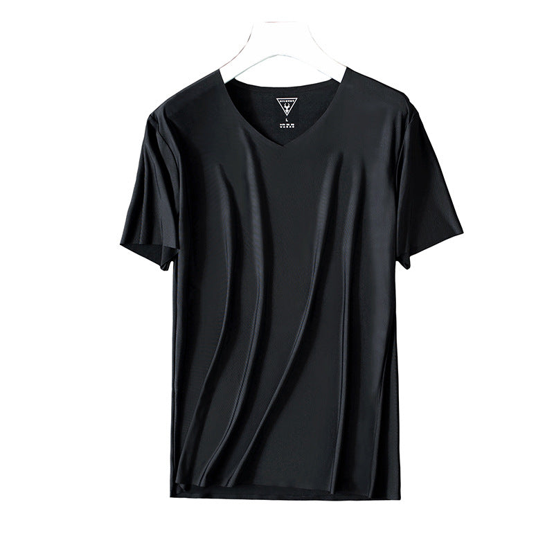 Seamless Cooling Japanese Goat Milk Men's Technology Lightweight Ice Silk V-Neck Short-Sleeved T-Shirt European And American Simple Slim Shirt