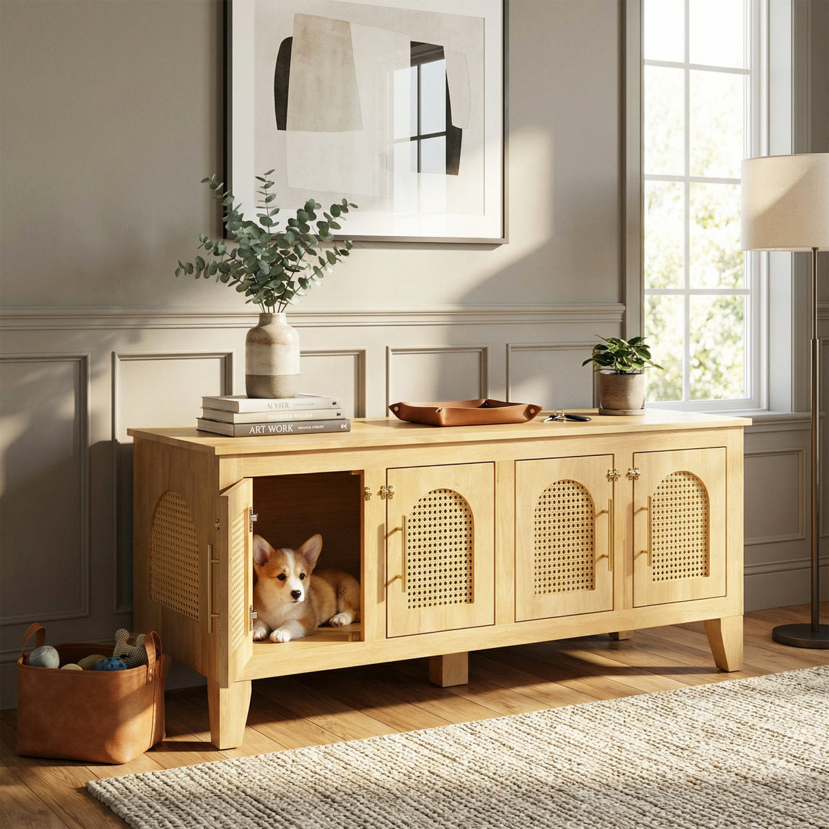 Lars Indoor Rattan Decorated Rubber Wood Dog Crate Cabinet -Stylish Pet Kennel With Storage & 4 Doors For Living Room