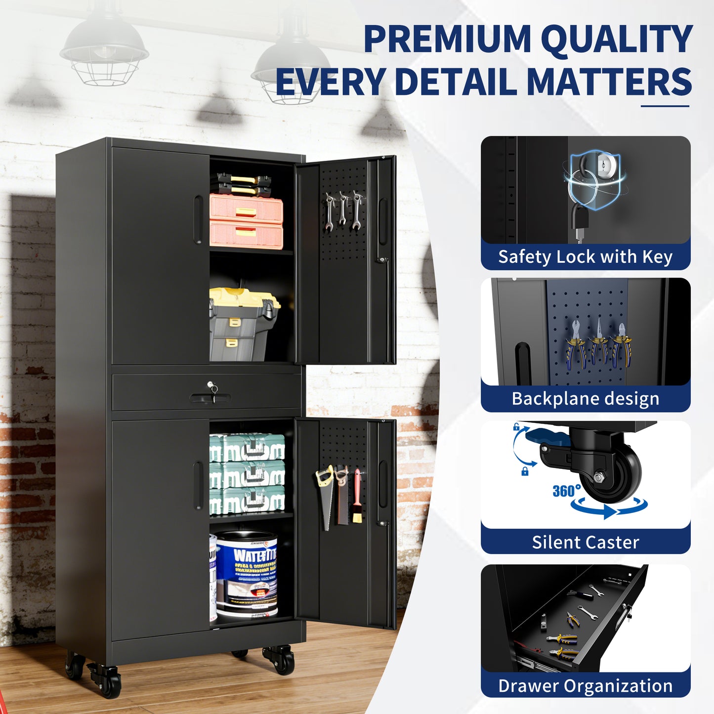 Metal Storage Cabinet With Drawer, 71  Garage Cabinet With Locking Doors And 2 Adjustable Shelves, Heavy Duty Tool Cabinet With Pegboard, 8 Hooks & Rolling Wheels For Home Office Utility