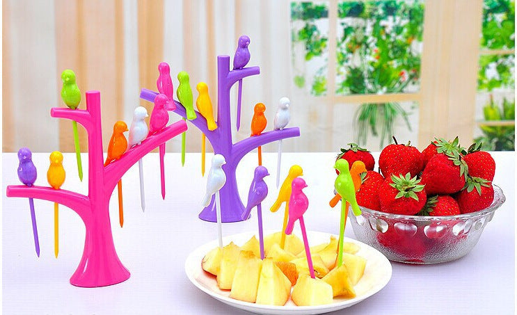 Food Picks For Kids Plastic Fruit Fork Tree Birds Dessert Fork Set Vegetable Food Cocktail Picks Dinnerware Food Decoration