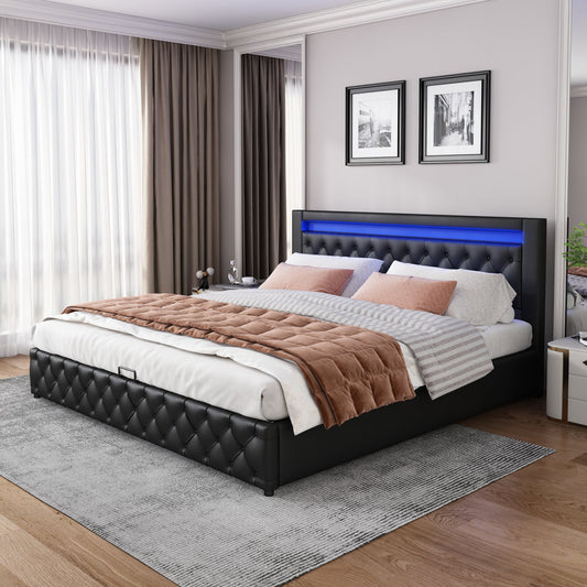 Upholstered Bed 140 X 200 Cm, Functional Bed With Slatted Base And Storage Space, With LED Lighting, With Storage Function, Black, PU