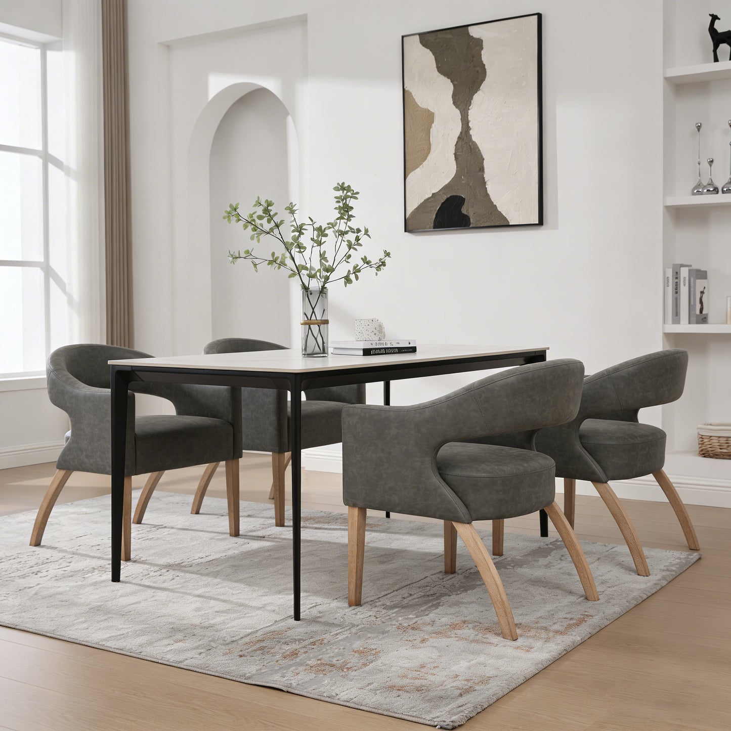 Modern PU Open Back Dining Chair Set Of 4, Barrel Accent Armchair With Weathered Rubberwood Legs, Hollow-Out Club Kitchen Chair For Living Room Bedroom Restaurant Cafes Dining Room Reception, Gray
