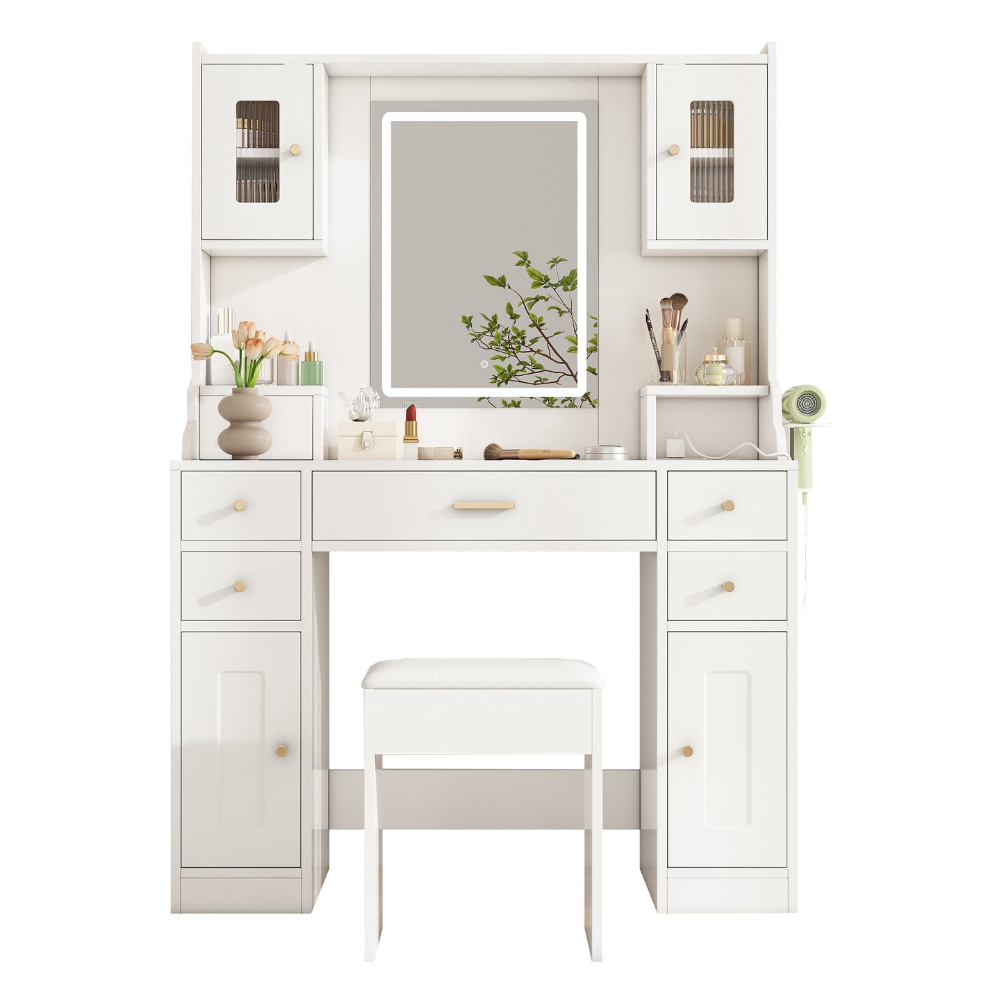 Large Dressing Table With Adjustable LED Lighting And Sockets, Dressing Table With Mirror, 6 Drawers And 4 Doors For The Bedroom, White, Measures 105x152x40 Cm WxHxD