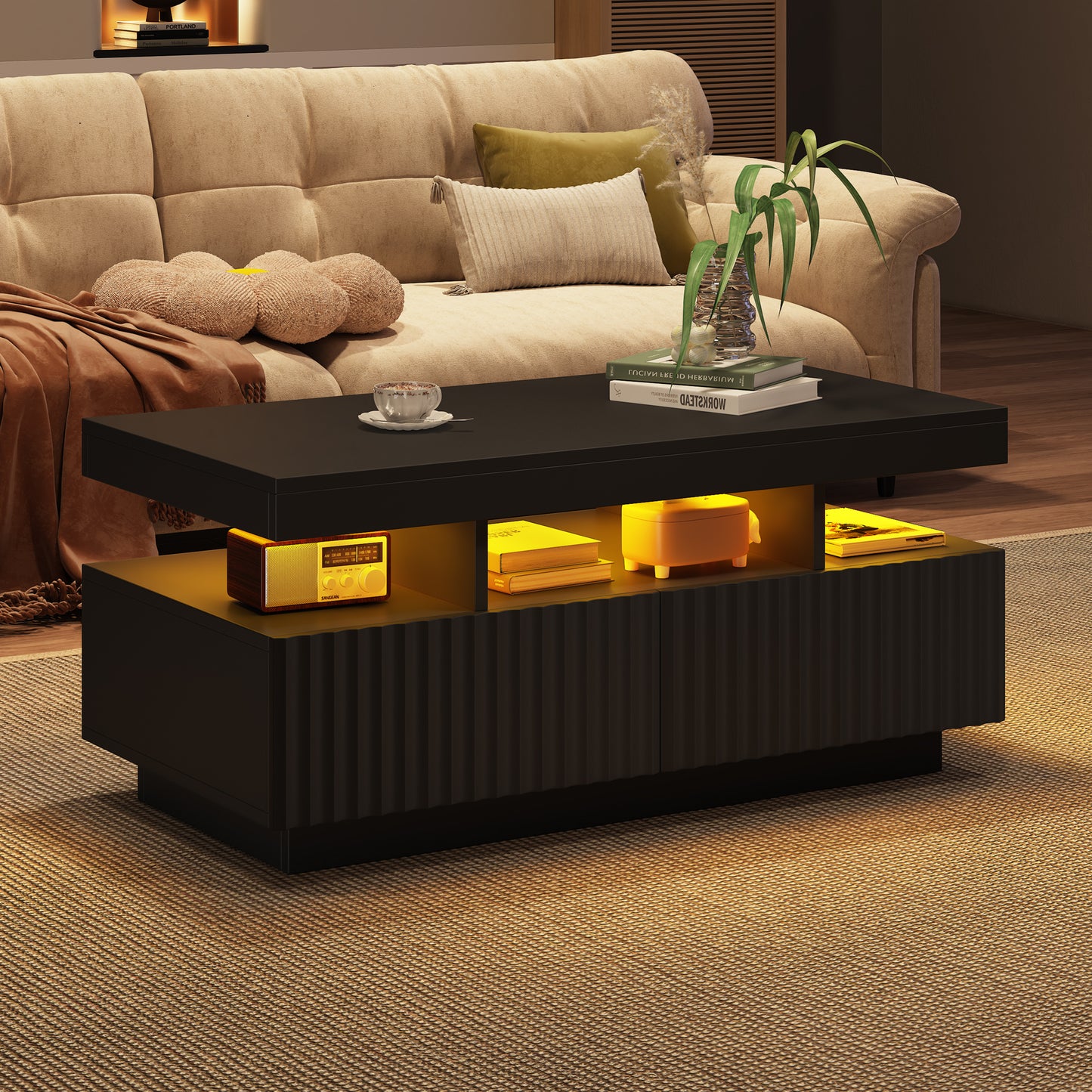 100 X 50 X 45 Cm Large Coffee Table With Two Drawers,Vertical Striped, Vacuum Molded Tea Table, Living Room Table,Coffee Table With LED Light Bar,Black