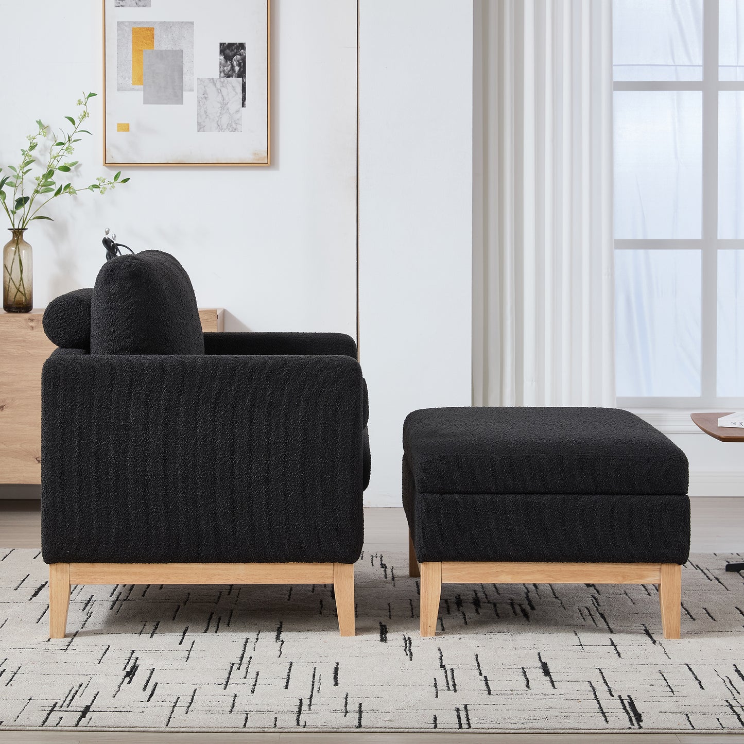 35.4  Wide Farmhouse Performance Upholstered Wood Base Square Accent Arm Chair With Ottoman Natural Wood Legs With Reversible Lid Coffee Table For Living Room Office And Lounge,Black Boucle