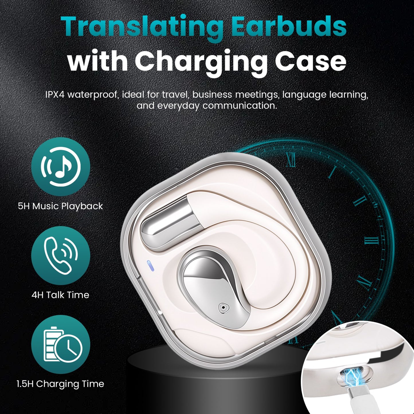 Open-Ear AI Translation Earbuds 165 Language Real Time AI Headphone Wireless 6.0 Translating Earbuds With 360 Degree Rotating Charging Case Lanyard For Travel Meetings Language Learning