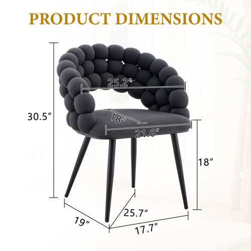 Set Of 2 Gray Puffy Bubble Chair Ball Chain Chair Velvet Dining Chairs With Black Legs, Modern Accent Chairs For Dining Room & Kitchen