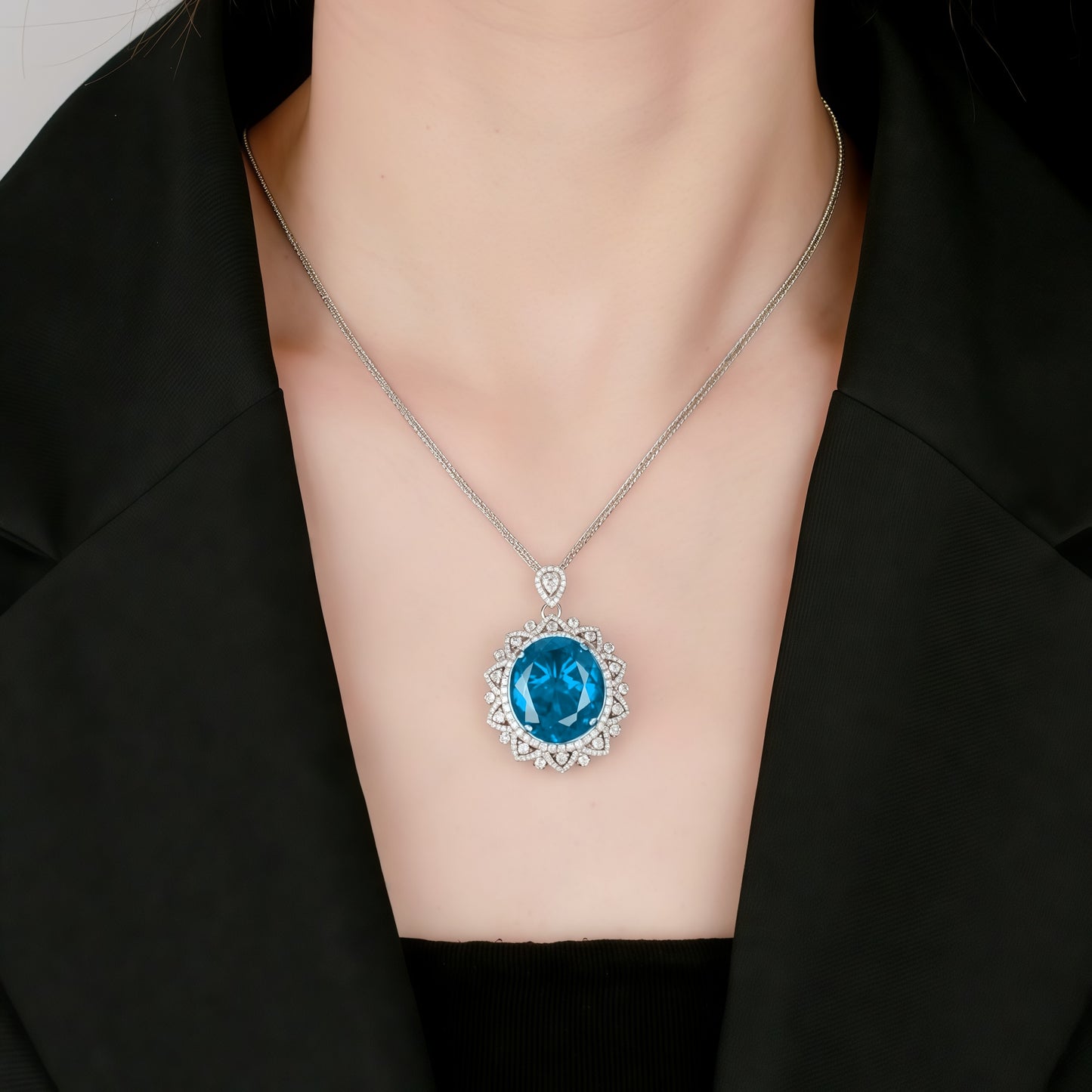 Oval Cut Royal Blue Simulated Sapphire Double Halo Pendant Necklace For Women, Copper Plated Silver White CZ Vintage Floral Halo Wedding Bridal Statement Jewelry Gift
