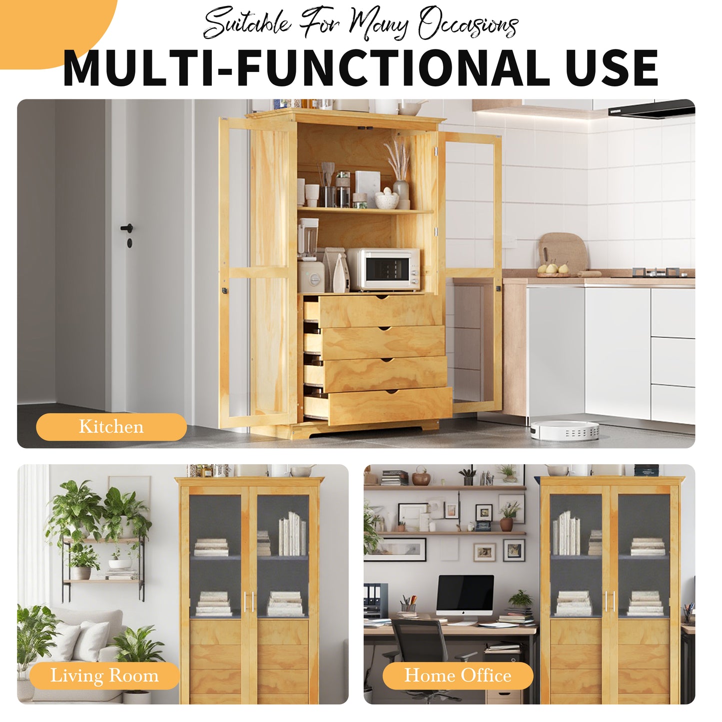 TOPMAx 44.7x20x75inch Kitchen Pantry  Freestanding Kitchen Storage Cabinet Display Cabinet With Glass Doors And 4 Built- In Drawers For Living Room  Home Office  Natural