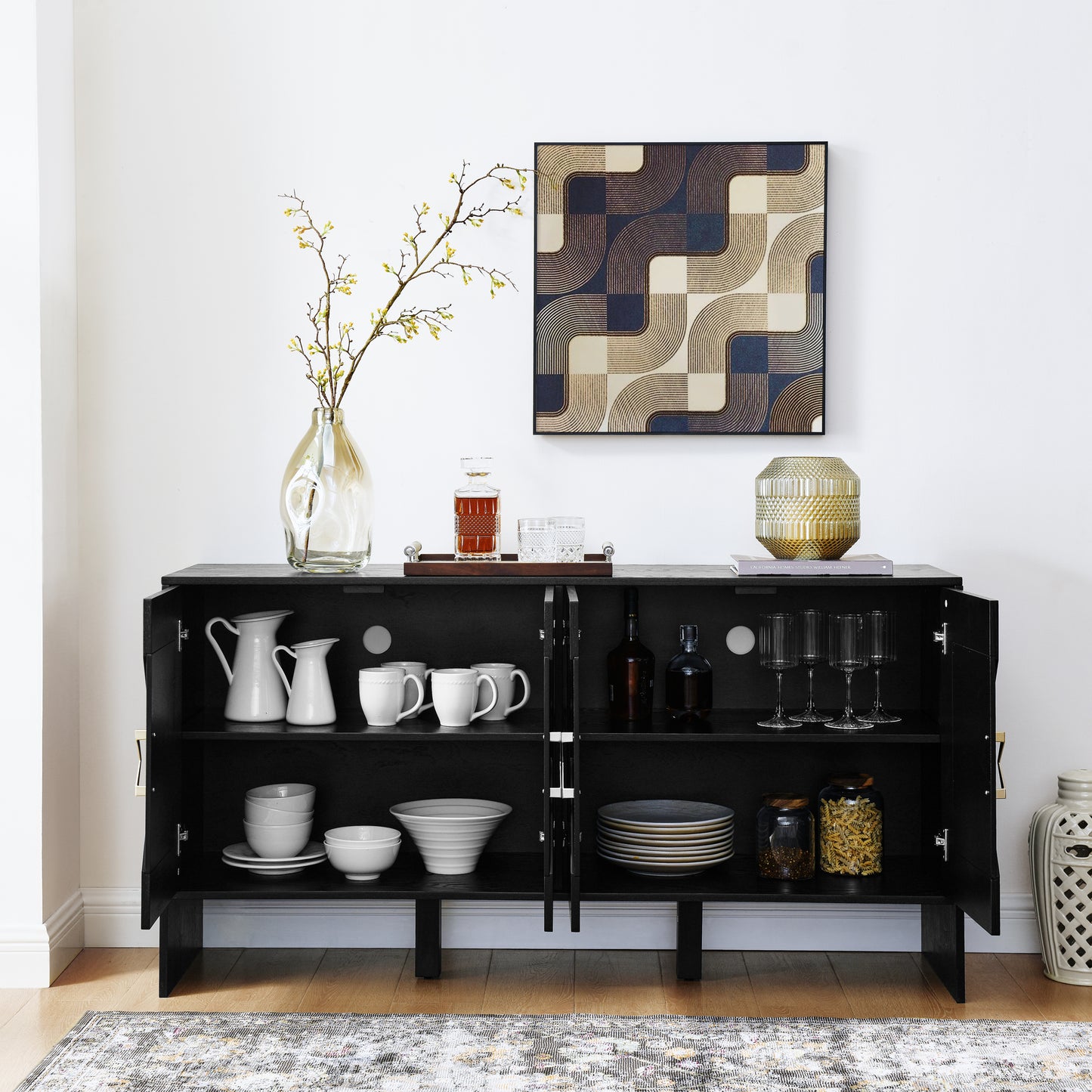 60  Mid Century Modern Sideboard Buffet Cabinet With Storage, TV Media Console, Storage Cabinet With Geometric Pattern & Adjustable Shelves For Kitchen Dining Living Room Entryway Hallway, Black