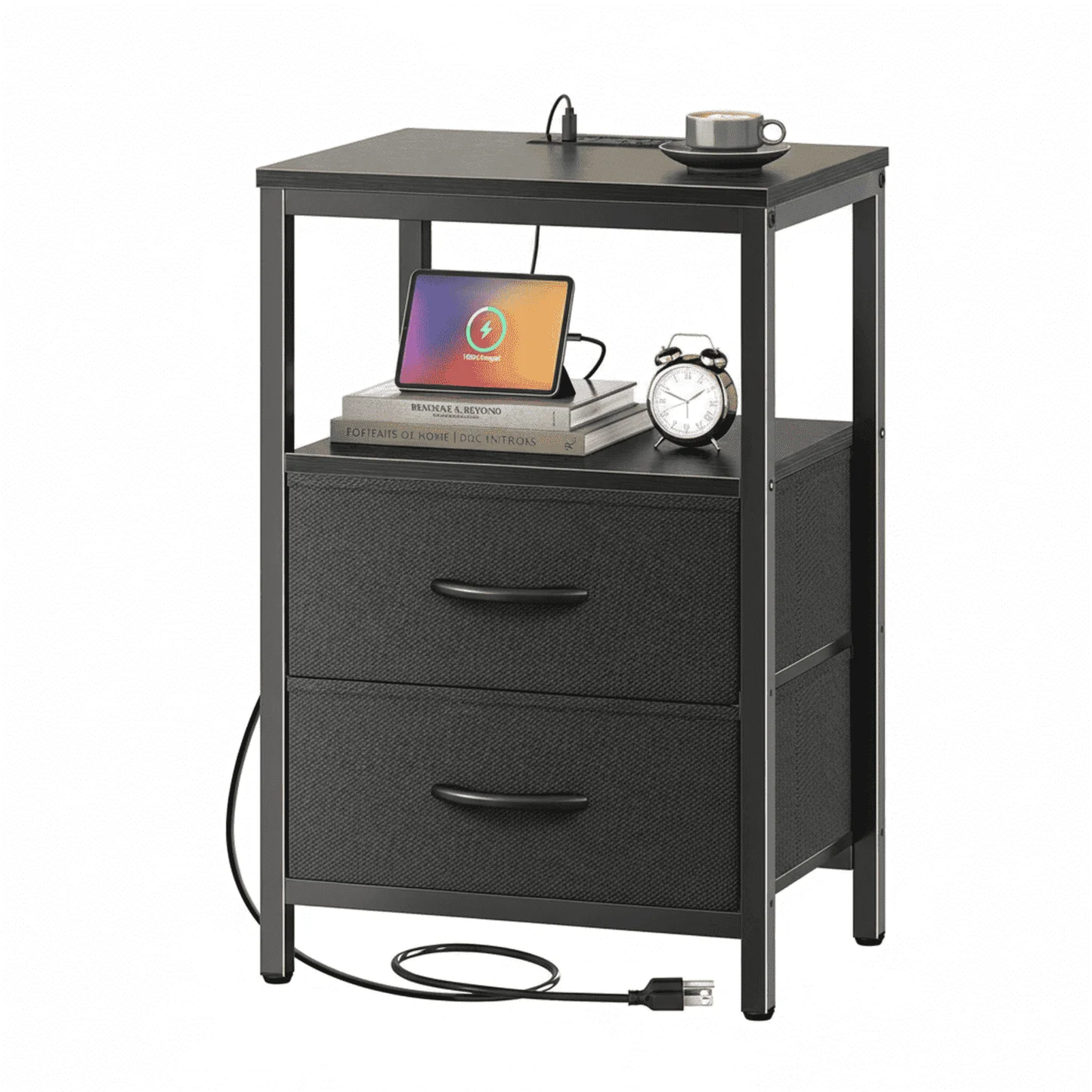 A Small Bedside Table With A Charging Station And Two Fabric Drawers, And A Side Bedside Table