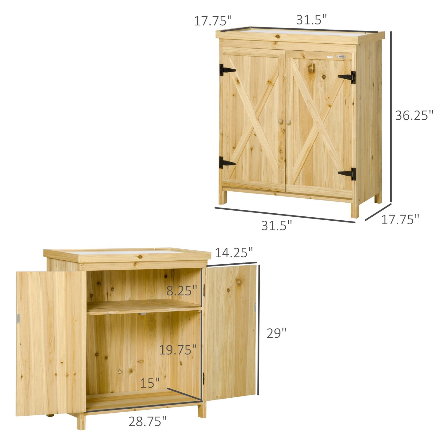 Garden Storage Cabinet, Outdoor Tool Shed With Galvanized Top And Two Shelves For Yard Tools Or Pool Accessories, Natural