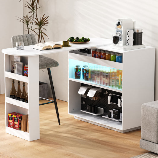 Modern Bar Table, Extendable 360 Swivel Sideboard With Storage And LED Lighting, Reversible Sideboard With Perforated Board And Sockets, Bar Table For Kitchen And Dining Room  White