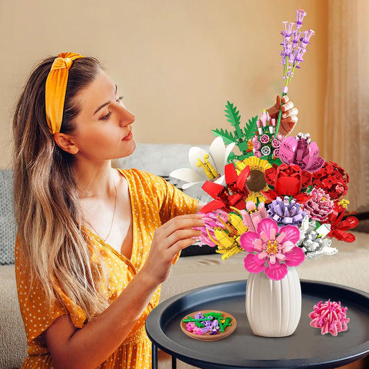 Flower Bouquet Building Set, Valentines Day Botanical Building Block Toy 1464 PCS, 18 Flowers Rose Sunflower Home Plant Decor, Birthday Gifts For Adults Women Boys Girls