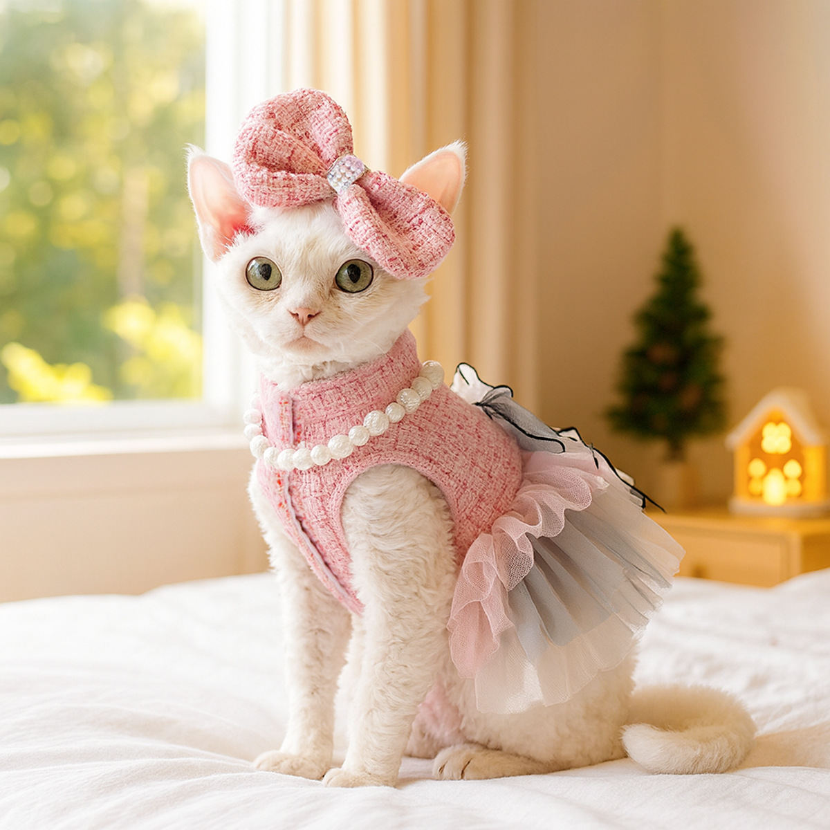 Cute Pet Chanel-Style Bow Hair Clip And Bib Accessory Set